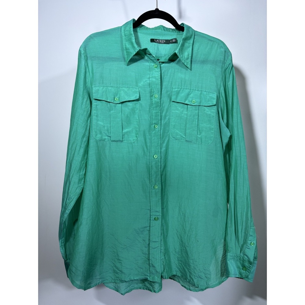 Lauren Ralph Lauren Womens Emerald Green Silk Blend Button Up Shirt Timeless  XL
